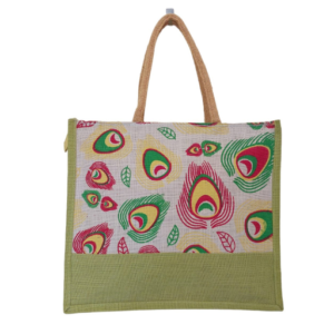 PB07 - Peacock Feather Printed Jute Bag