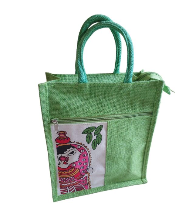 PB44 - Durga Printed Jute Lunch Bag (Green)