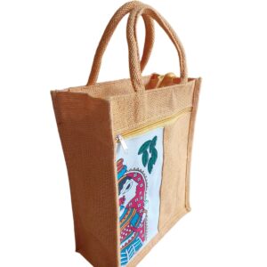 PB43 - Durga Printed Jute Lunch Bag (Yellow)