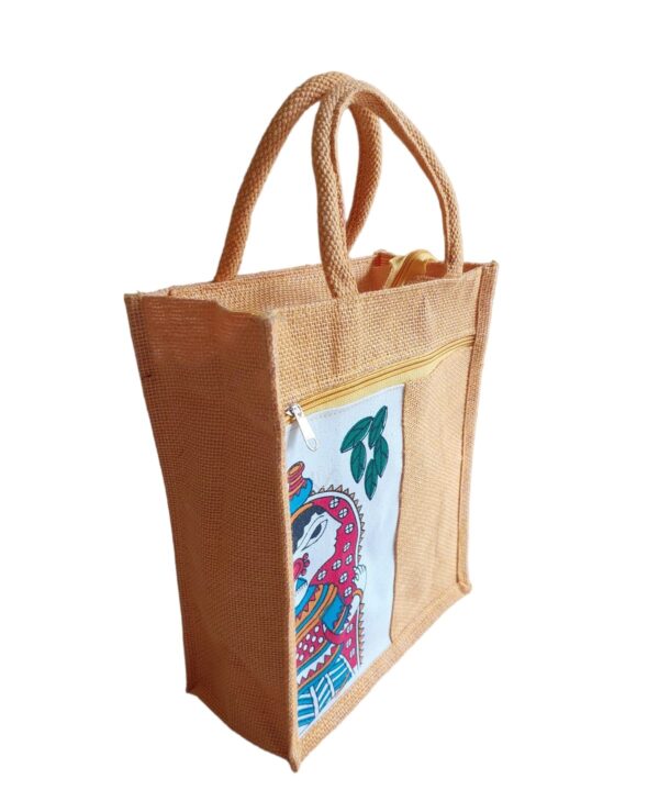 PB43 - Durga Printed Jute Lunch Bag (Yellow)