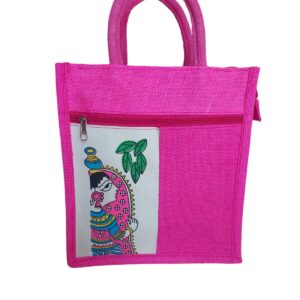 PB42 - Durga Printed Jute Lunch Bag (Pink)