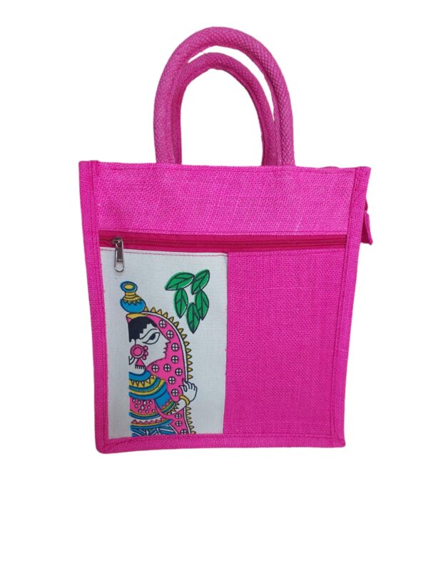 PB42 - Durga Printed Jute Lunch Bag (Pink)