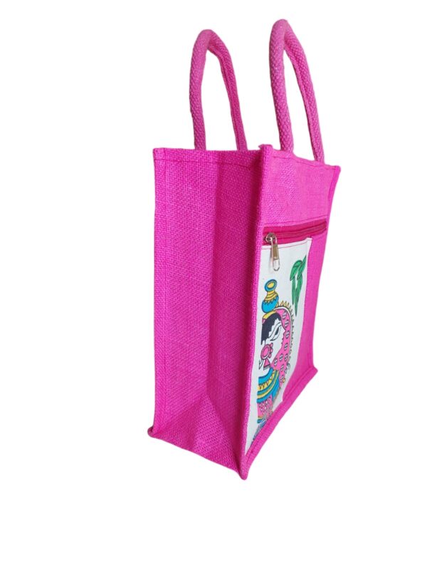 PB42 - Durga Printed Jute Lunch Bag (Pink) - Image 3