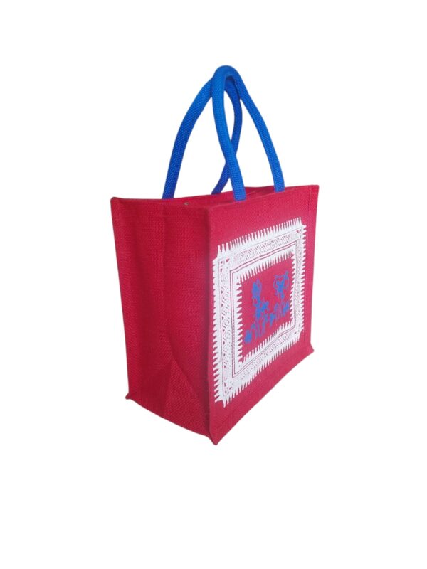 PB54 - Tribal Printed Jute Lunch Bag (Dark Pink) - Image 2