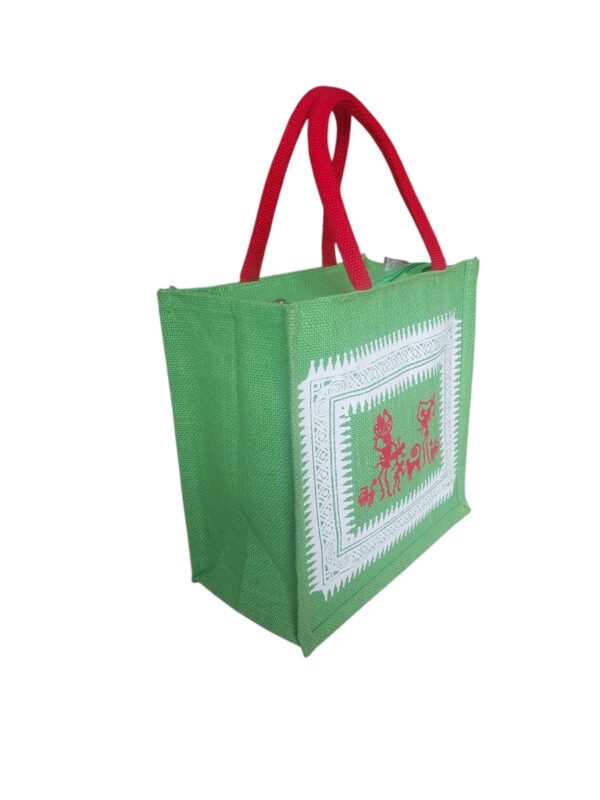 PB55 - Tribal Printed Jute Lunch Bag (Green) - Image 2