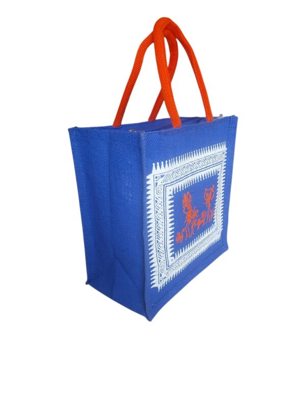 PB56- Tribal Printed Jute Lunch Bag (Blue) - Image 2
