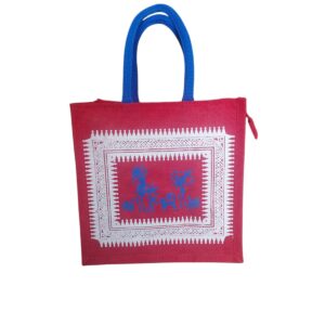 PB54 - Tribal Printed Jute Lunch Bag (Dark Pink)