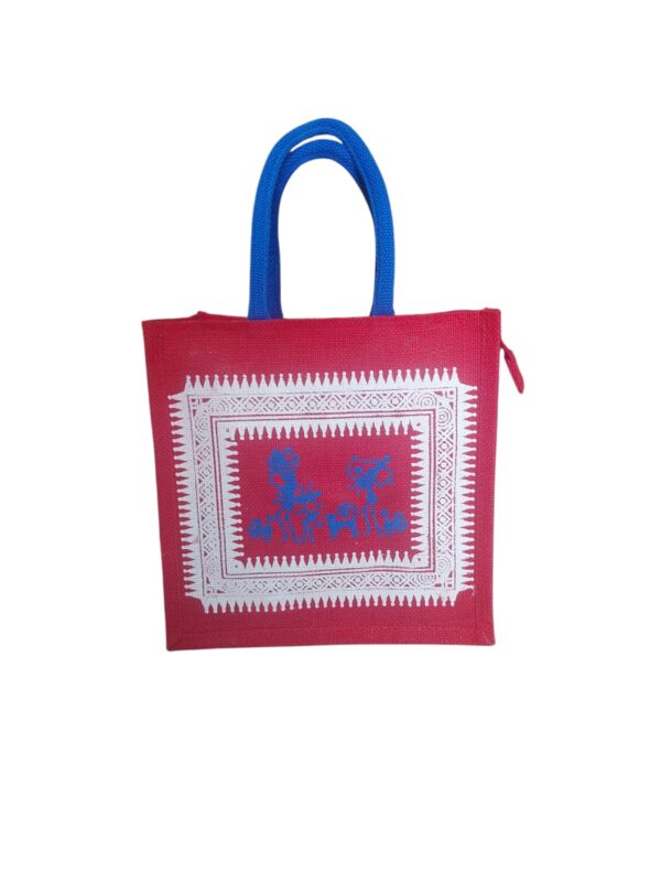 PB54 - Tribal Printed Jute Lunch Bag (Dark Pink)