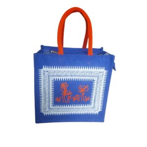 PB56- Tribal Printed Jute Lunch Bag (Blue)