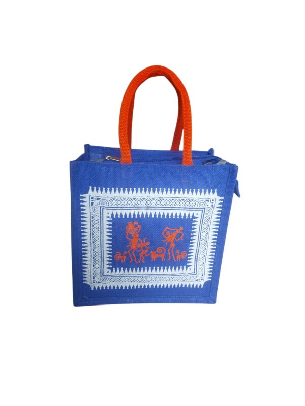PB56- Tribal Printed Jute Lunch Bag (Blue)