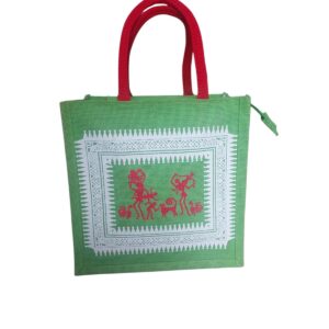 PB55 - Tribal Printed Jute Lunch Bag (Green)