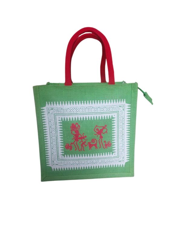 PB55 - Tribal Printed Jute Lunch Bag (Green)