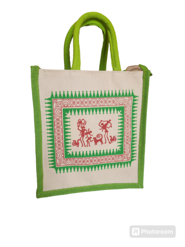 PB40 -Canvas Printed Green Jute Lunch Bag