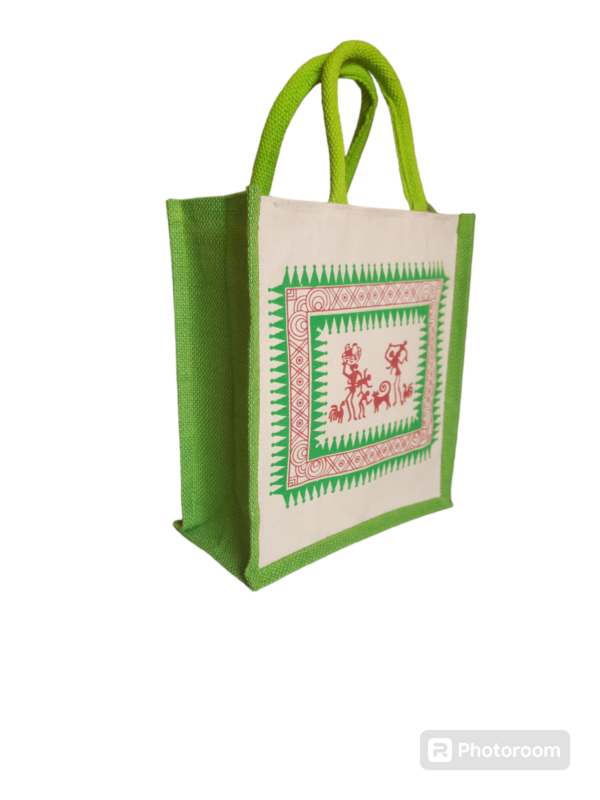 PB40 -Canvas Printed Green Jute Lunch Bag - Image 2