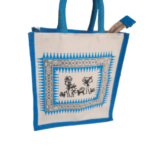 PB41 -Canvas Printed Blue Jute Lunch Bag