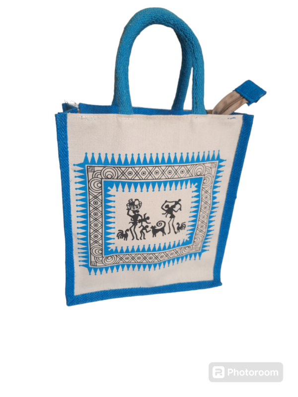 PB41 -Canvas Printed Blue Jute Lunch Bag