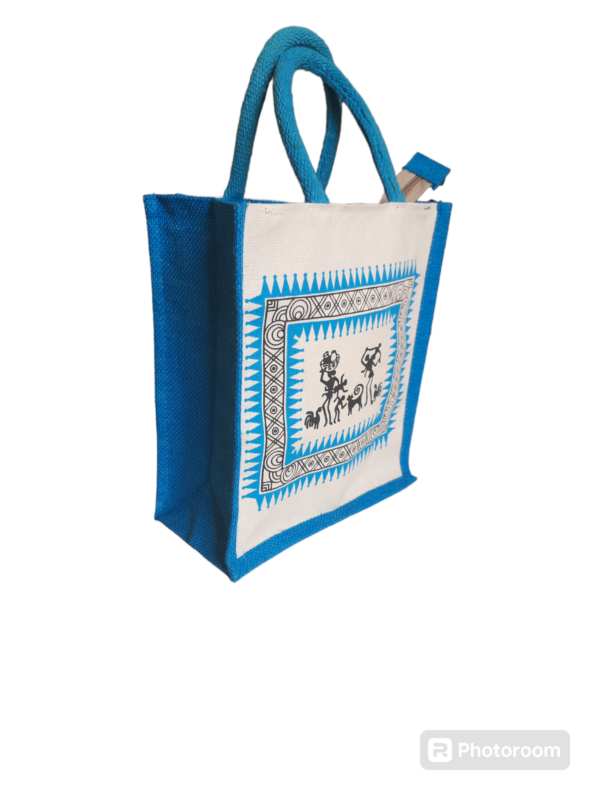 PB41 -Canvas Printed Blue Jute Lunch Bag - Image 2