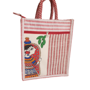 PB38 - Durga Printed Jute Lunch Bag (Red)