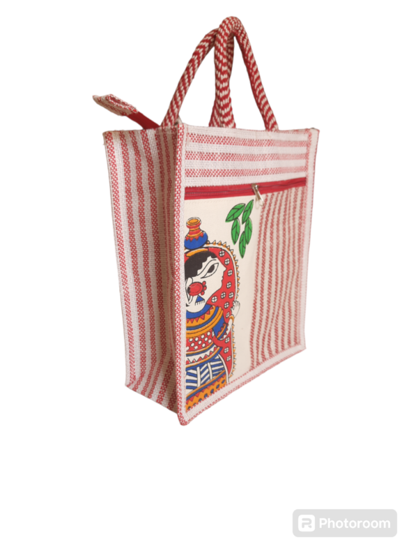 PB38 - Durga Printed Jute Lunch Bag (Red) - Image 2
