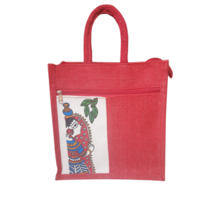 PB57 - Durga Printed Jute Lunch Bag (Red)