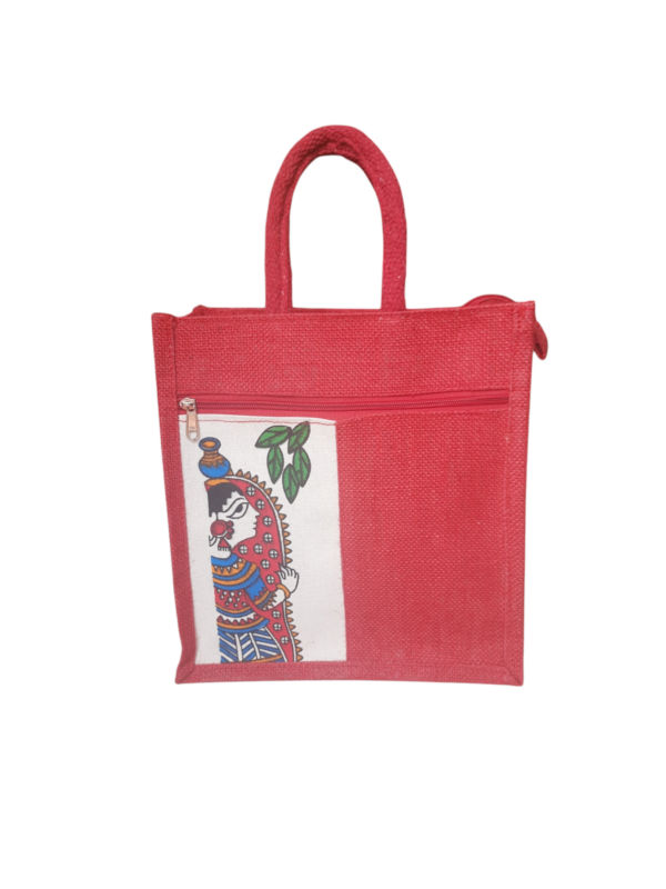 PB57 - Durga Printed Jute Lunch Bag (Red)