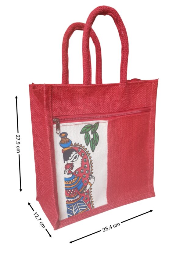PB57 - Durga Printed Jute Lunch Bag (Red) - Image 2