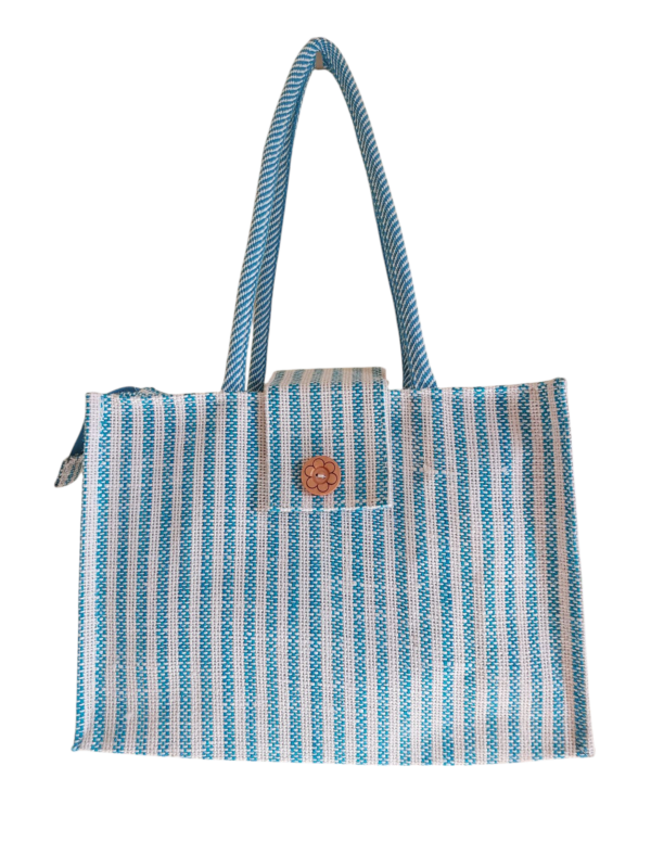 PB64-Jute & Cotton Hand bag with money pocket inside (sky blue)