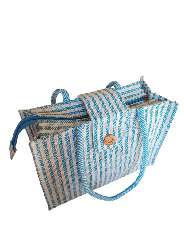 PB64-Jute & Cotton Hand bag with money pocket inside (sky blue) - Image 3