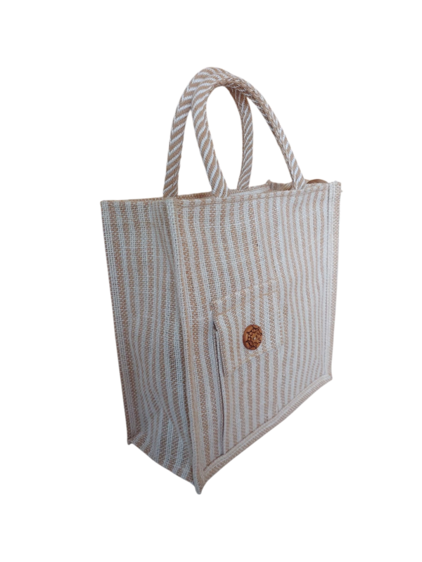 PB59 - Jute and Cotton with front pocket Lunch bag 12*12*5 inches - Image 2